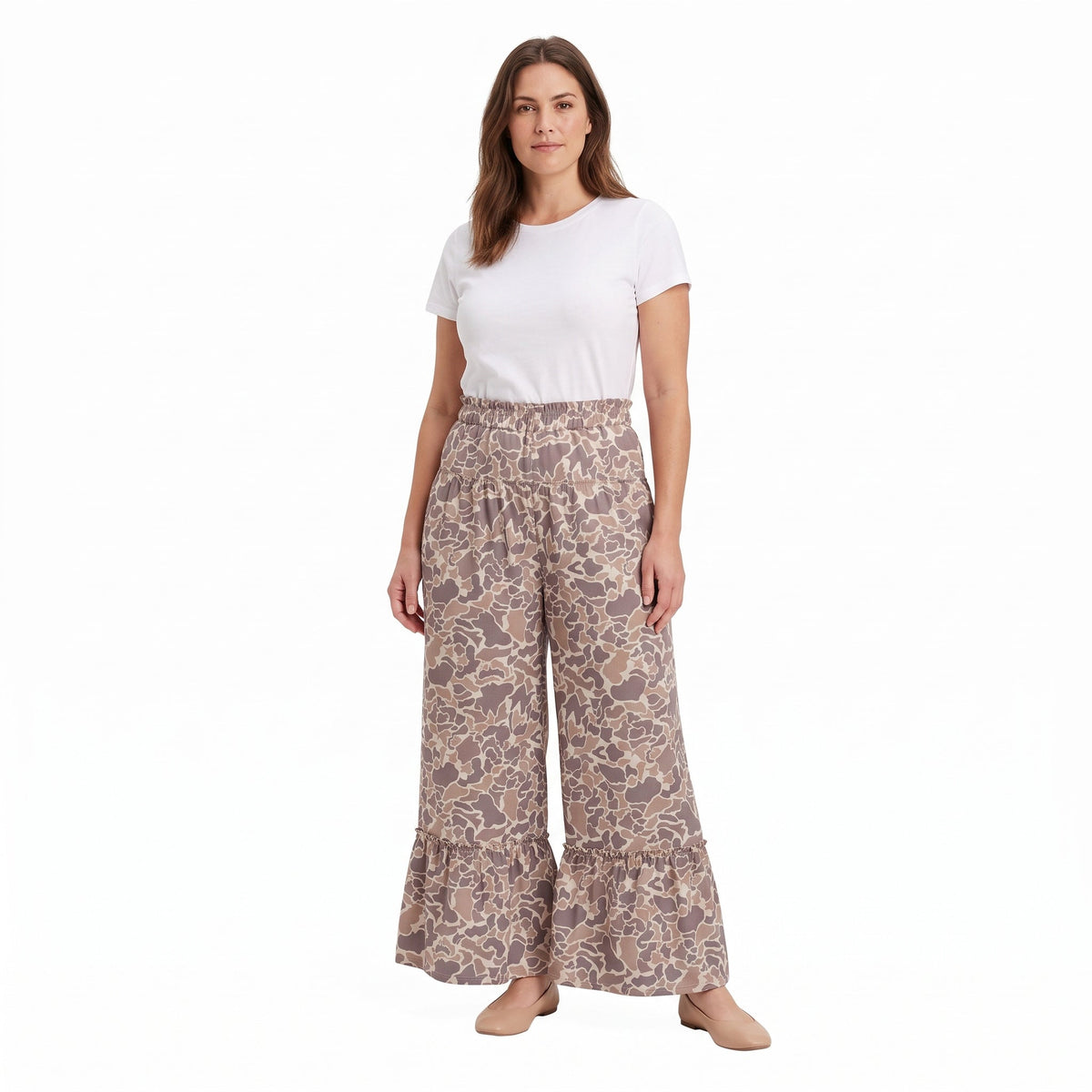 P1056 Hunting Camo Gray Brown Yoga Girls Wide Leg Pants
