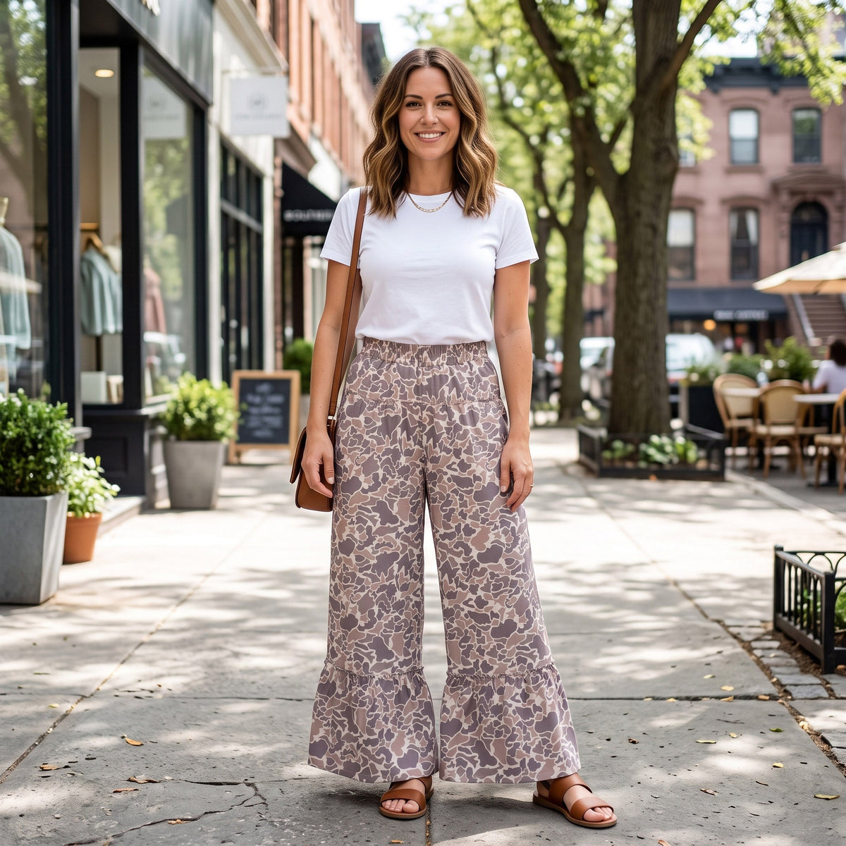 P1056 Hunting Camo Gray Brown Yoga Girls Wide Leg Pants