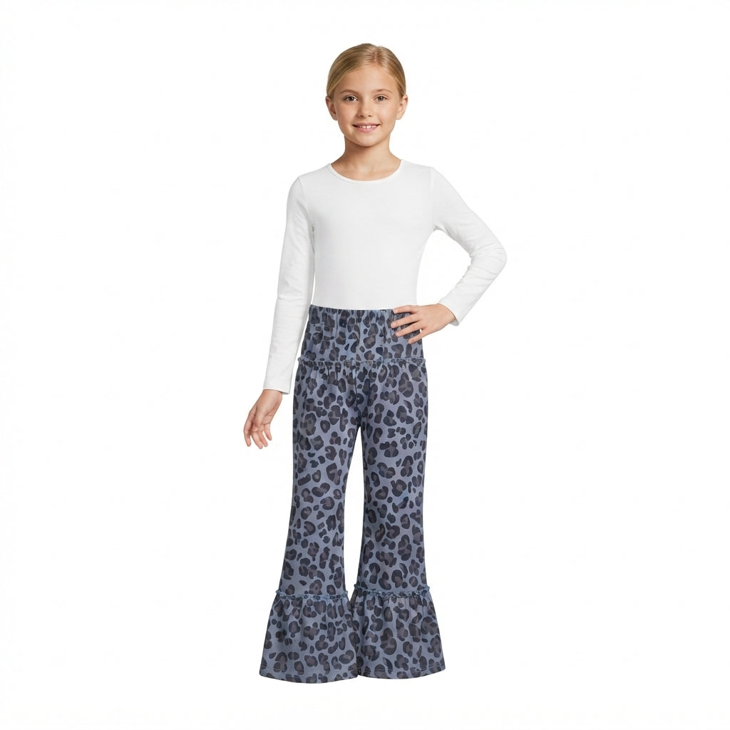 P1055 Leopard Gray Blue Yoga Girls Wide Leg Pants