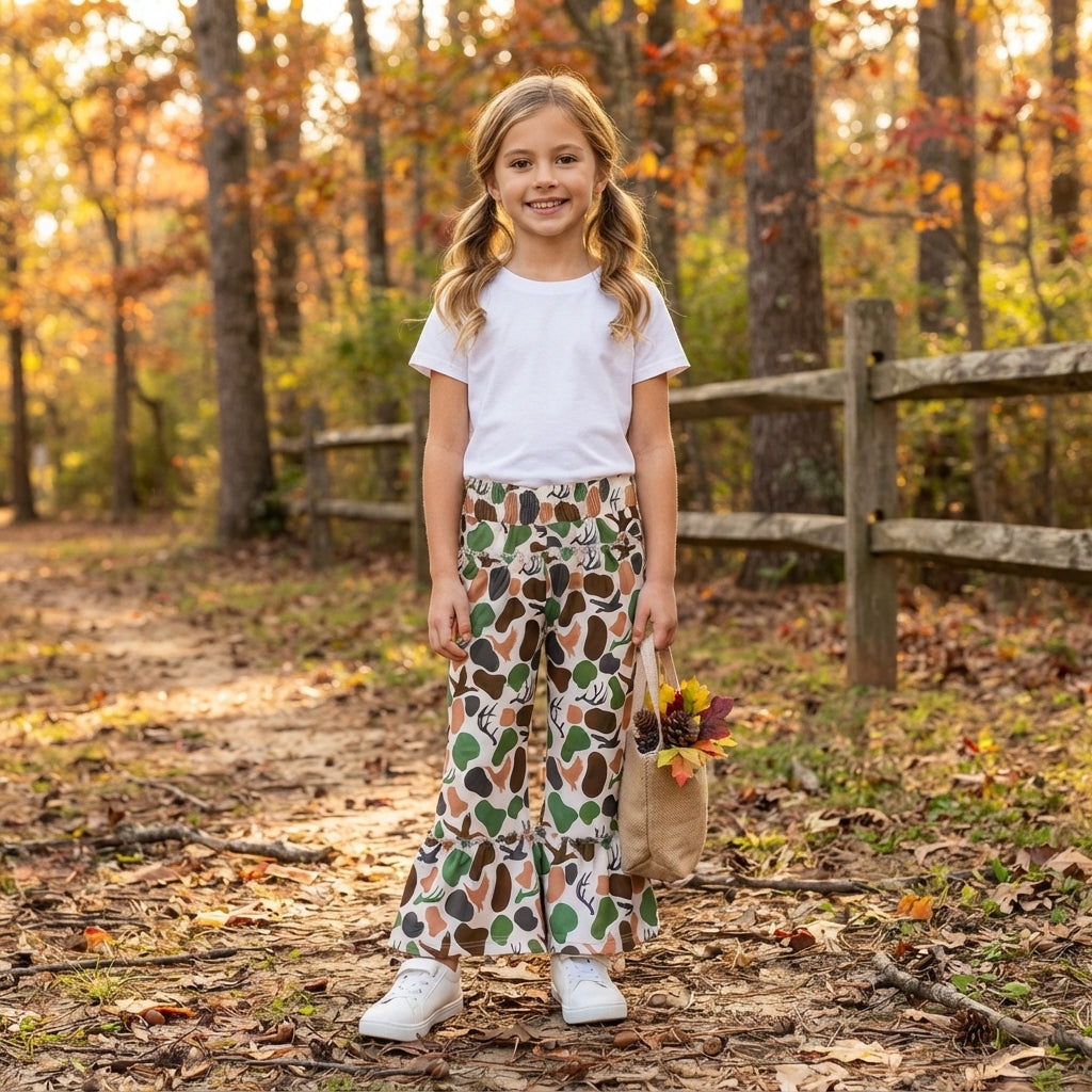 P1065 Hunting Camo Ruffles Girls Wide Leg Pants