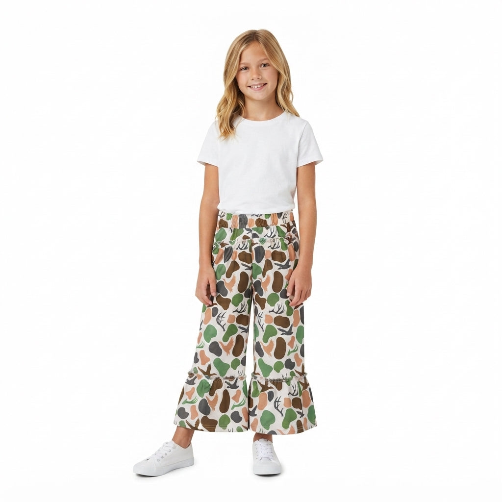 P1065 Hunting Camo Ruffles Girls Wide Leg Pants