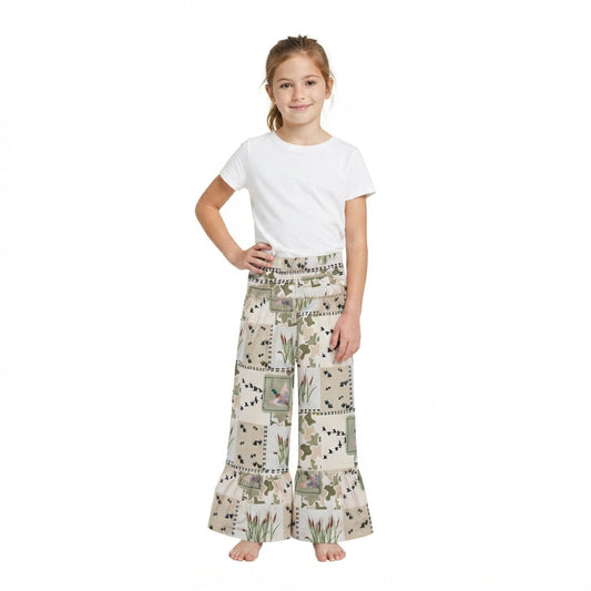 P1067 Mallard Ducks Camo Ruffles Girls Wide Leg Pants