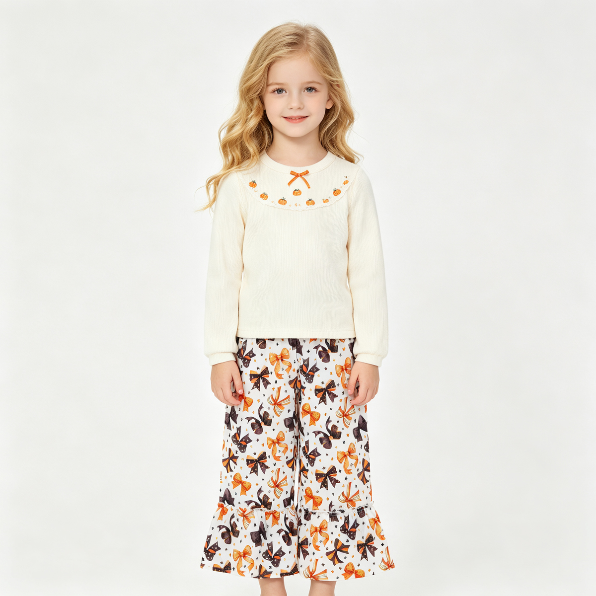 P1068 Halloween Bows Ruffles Girls Wide Leg Pants 202609 RTS