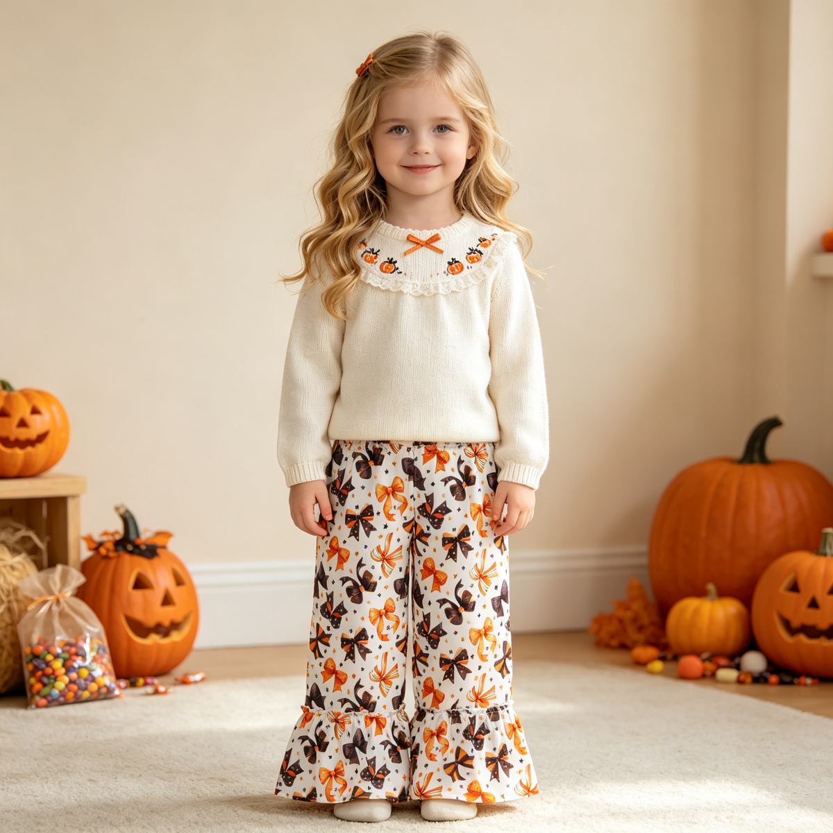 P1068 Halloween Bows Ruffles Girls Wide Leg Pants 202609 RTS