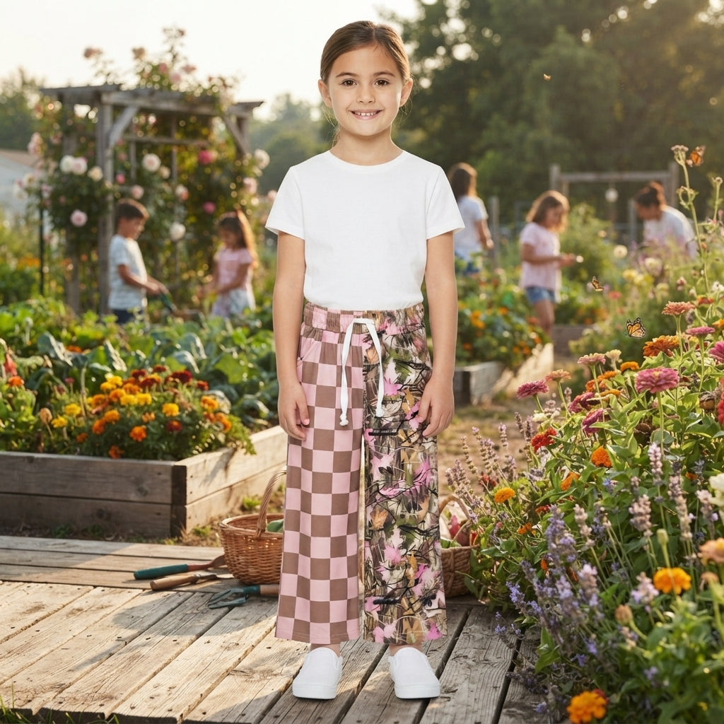 P1093 Hunting Camo Leaves Plaid Girls Wide Leg Pants 202609 RTS