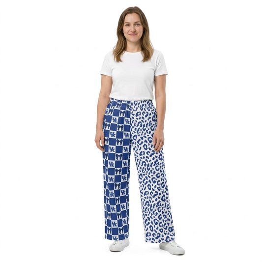 P1114 Team Mascot Bows Plaid Leopard Blue Women Adult's Wide Leg Pants