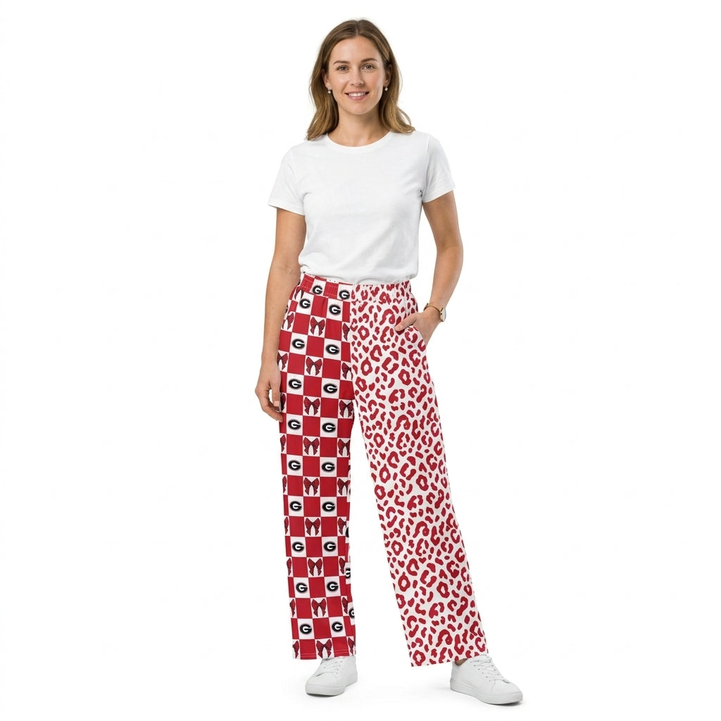 P1118 Team Mascot Bows Plaid Leopard Red Adult Women Wide Leg Pants