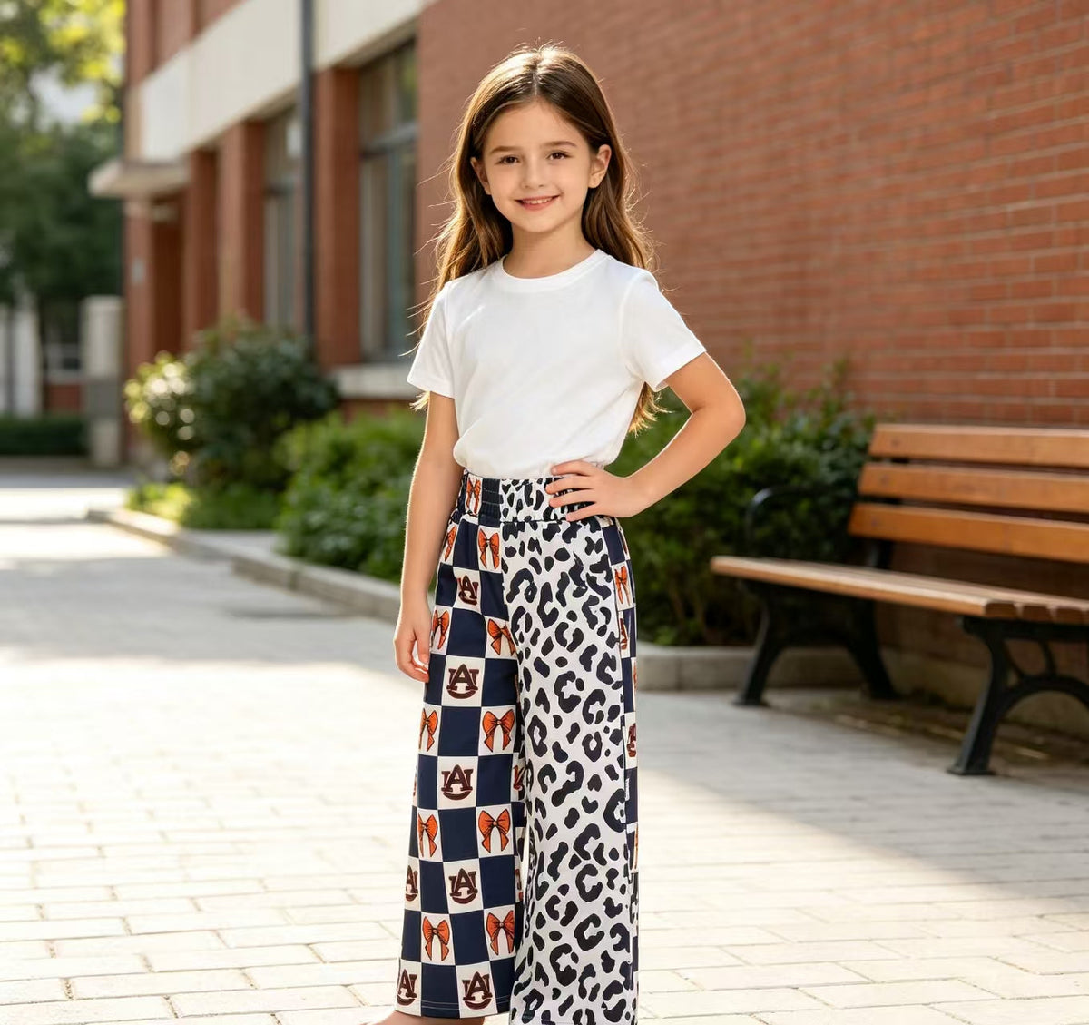 P1120 Team Mascot Bows Plaid Navy Leopard Girls Wide Leg Pants