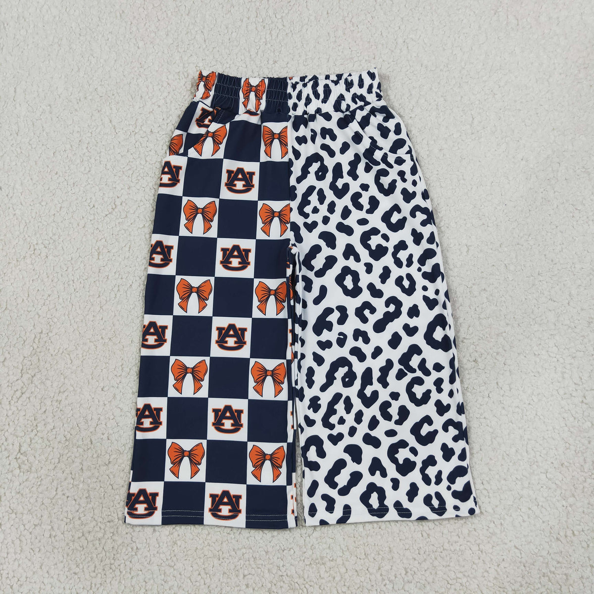 P1120 Team Mascot Bows Plaid Navy Leopard Girls Wide Leg Pants