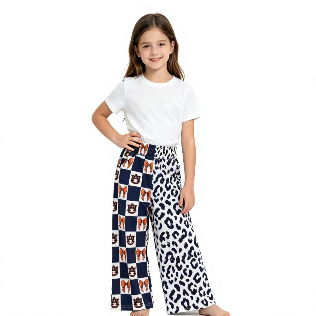 P1120 Team Mascot Bows Plaid Navy Leopard Girls Wide Leg Pants