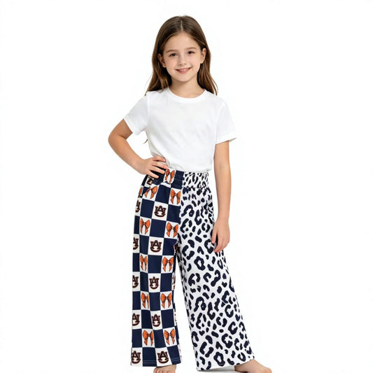 P1120 Team Mascot Bows Plaid Navy Leopard Girls Wide Leg Pants