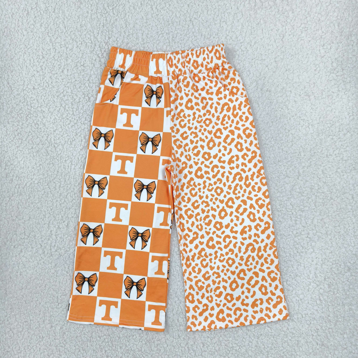 P1121 Team Mascot Bows Plaid Leopard Orange Girls Wide Leg Pants