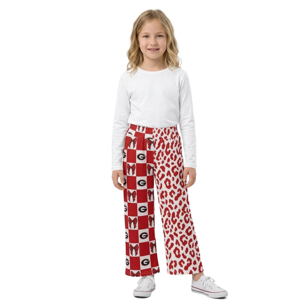 P1126 Team Mascot Bows Plaid Leopard Girls Wide Leg Pants