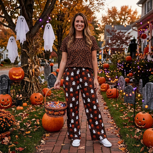 P1131 Halloween Ghost Pumpkin Leopard Women Adult's Wide Leg Pants