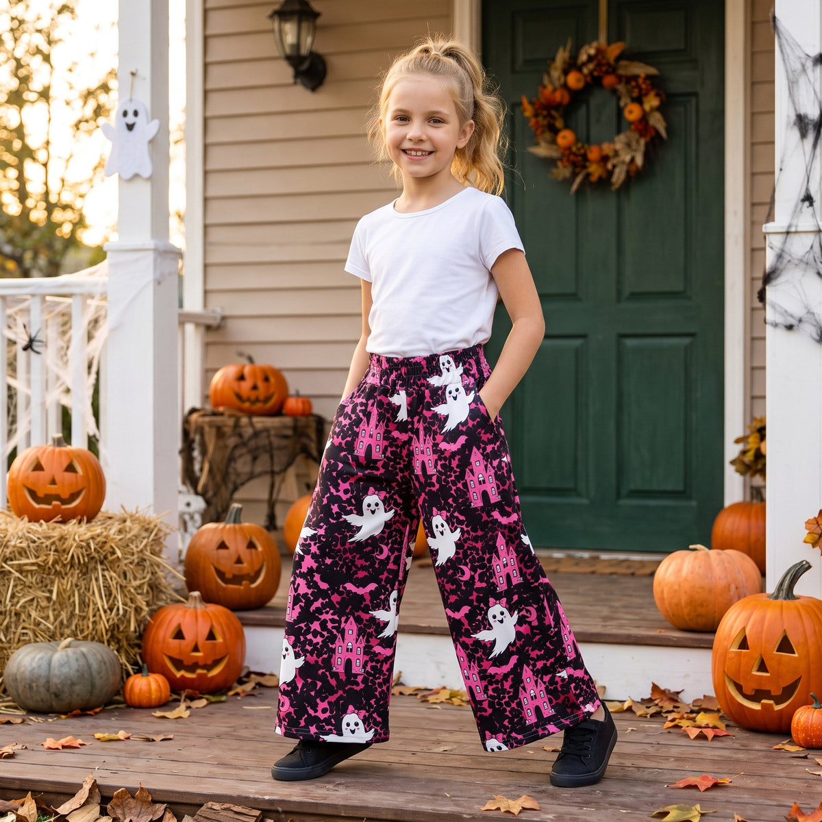 P1134 Halloween Bats Ghost Camo Girls Wide Leg Pants 202609 RTS
