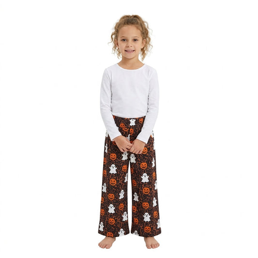 P1135 Halloween Ghost Pumpkin Leopard Girls Wide Leg Pants