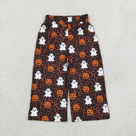 P1135 Halloween Ghost Pumpkin Leopard Girls Wide Leg Pants
