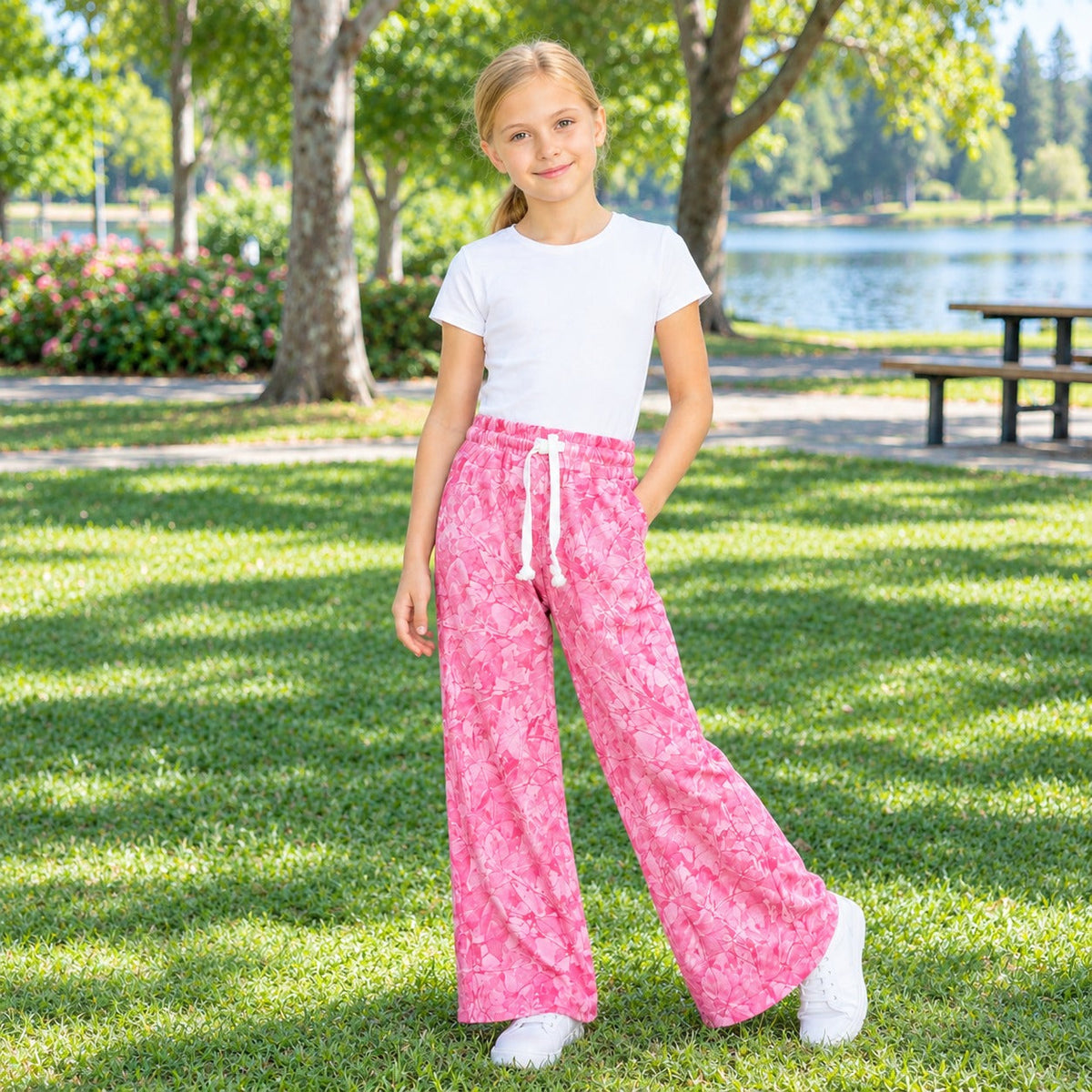 P1137 Hunting Leaves Rose Red Girls Wide Leg Pants