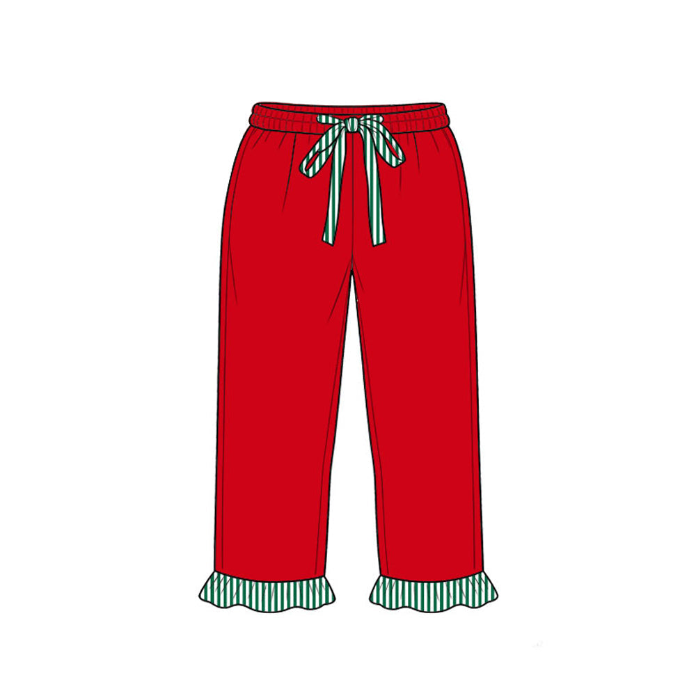 Preorder MOQ 5 pcs P1153 Christmas Solid Red Ruffles Green Stripe Girls Pants