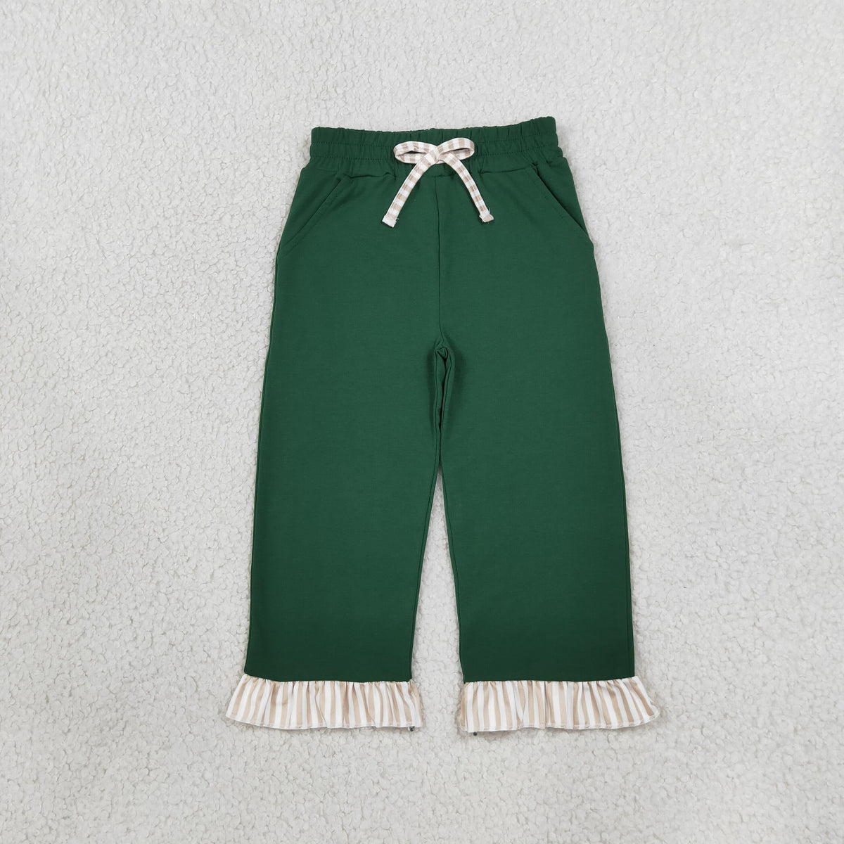 P1154 Solid Color Stripe Ruffles Dark Green Girls Pants