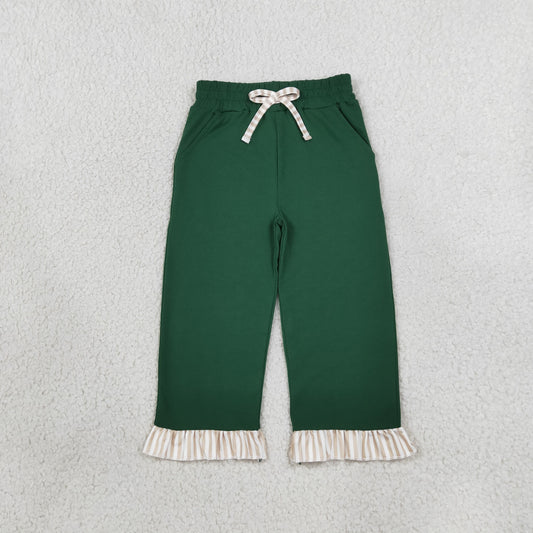 P1154 Solid Color Stripe Ruffles Dark Green Girls Pants