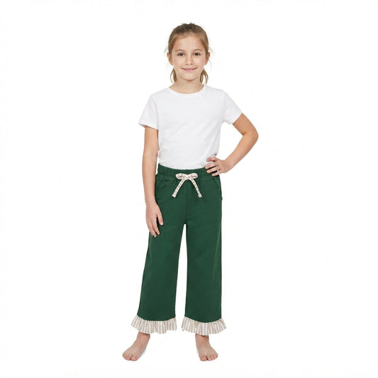 P1154 Solid Color Stripe Ruffles Dark Green Girls Pants