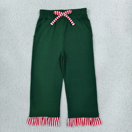 P1158 Christmas Solid Color Dark Green Ruffles Girls Pants