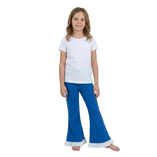 P1170 Solid White Ruffles Blue Girls Pants