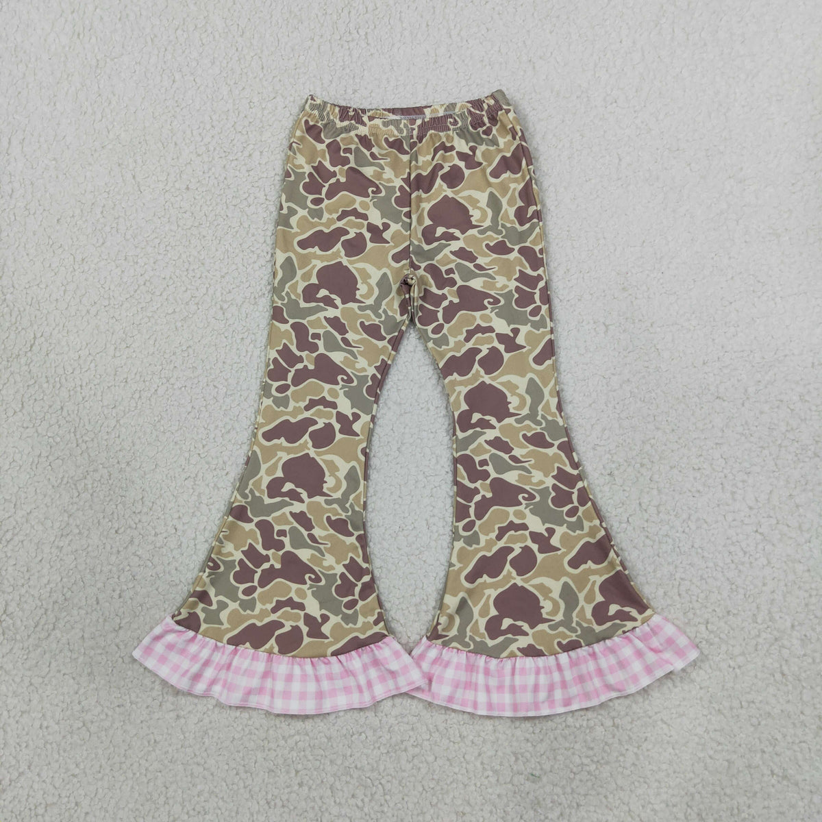 P1183 Hunting Camo Pink Plaid Ruffles Girls Flared Pants