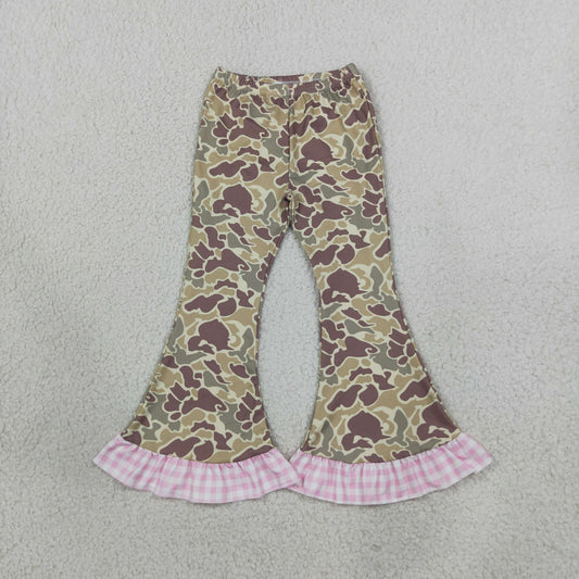 P1183 Hunting Camo Pink Plaid Ruffles Girls Flared Pants