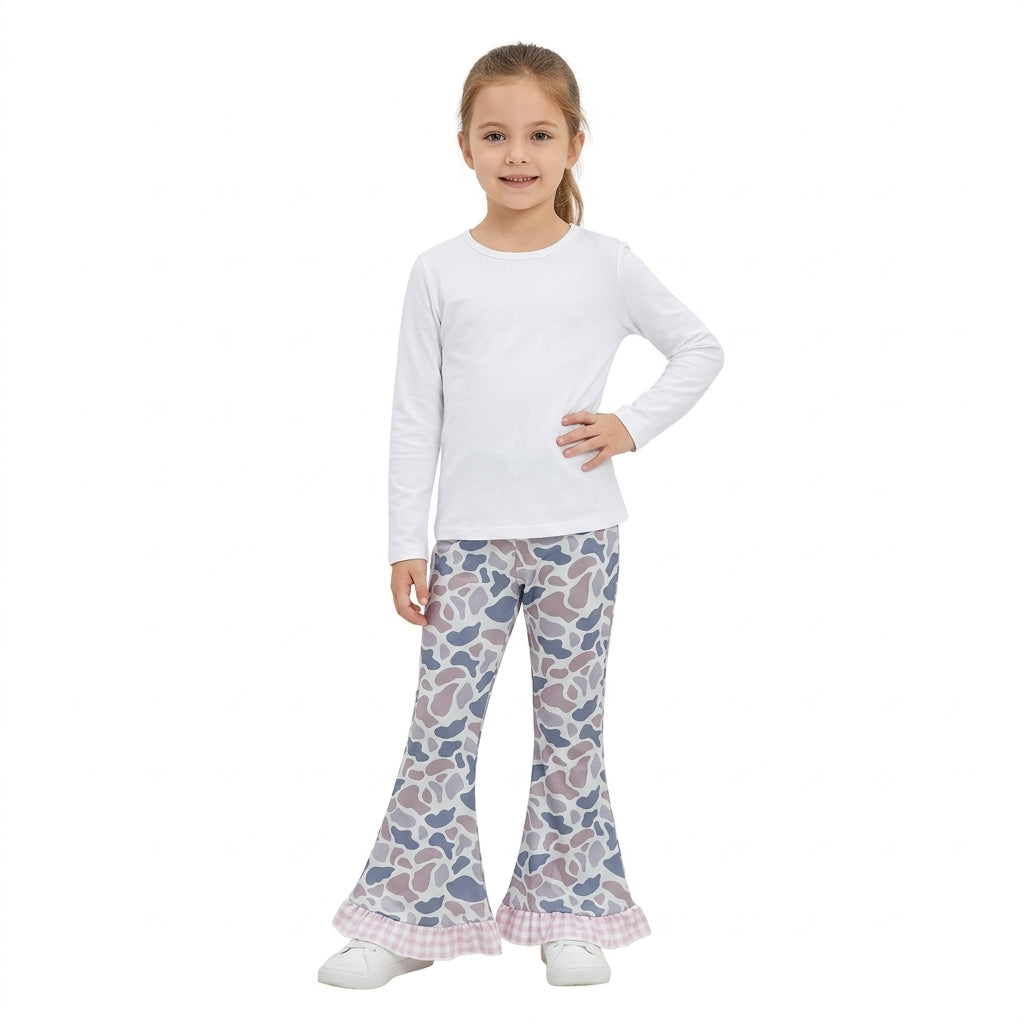 P1185 Hunting Camo Pink Plaid Ruffles Girls Flared Pants