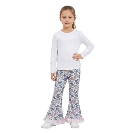 P1185 Hunting Camo Pink Plaid Ruffles Girls Flared Pants