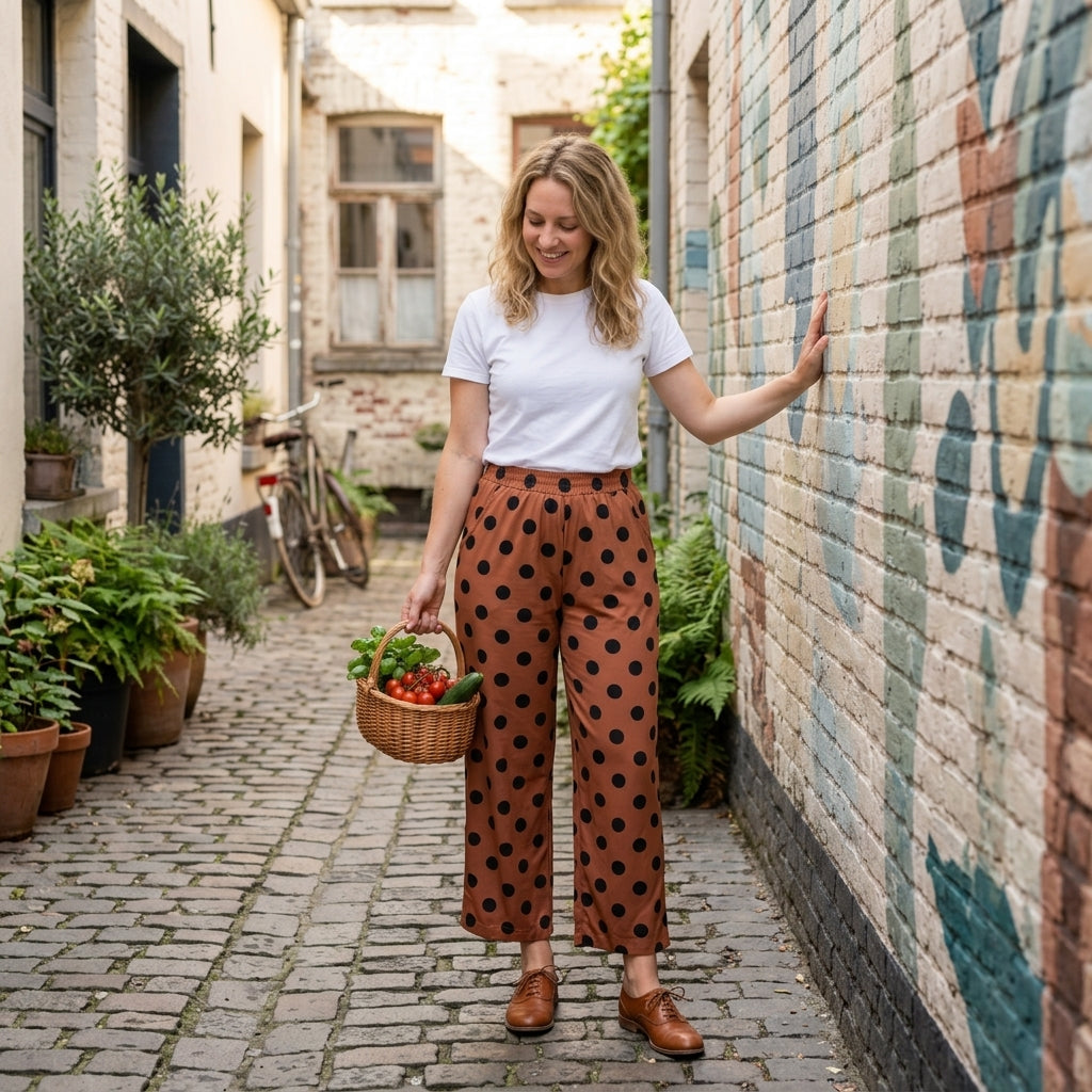 P1250 Dots Pocket Brown Women Adult's Wide Leg Pants