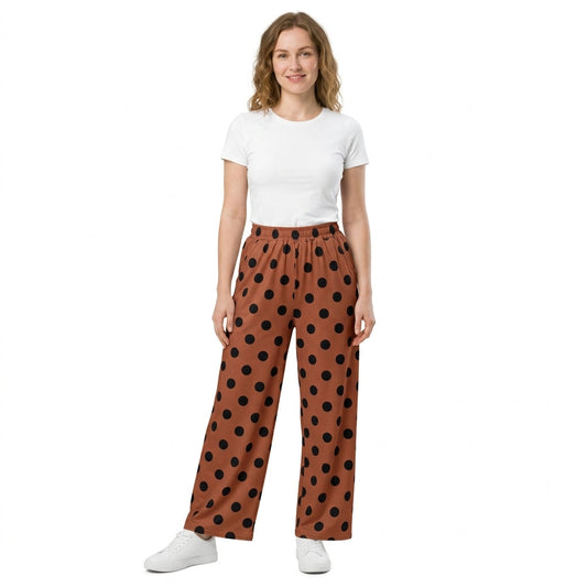P1250 Dots Pocket Brown Women Adult's Wide Leg Pants