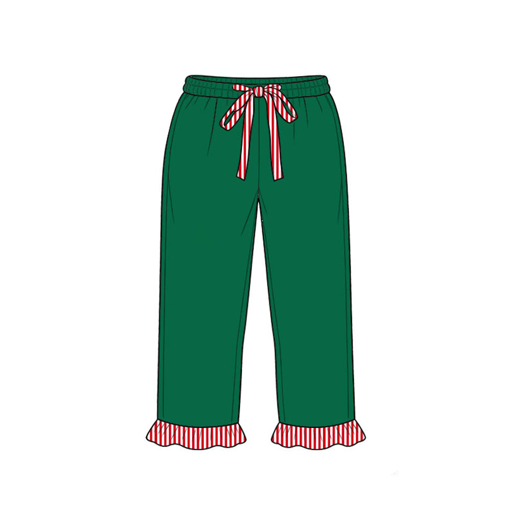 Preorder MOQ 5 pcs P1254 Christmas Solid Green Ruffles Red Stripe Girls Pants