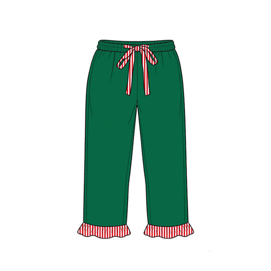 Preorder MOQ 5 pcs P1254 Christmas Solid Green Ruffles Red Stripe Girls Pants