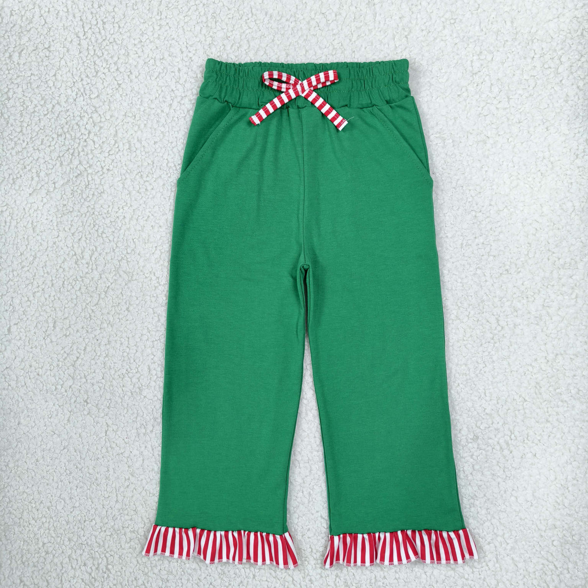 P1254 Christmas Solid Color Red Stripe Ruffles Green Girls Pants