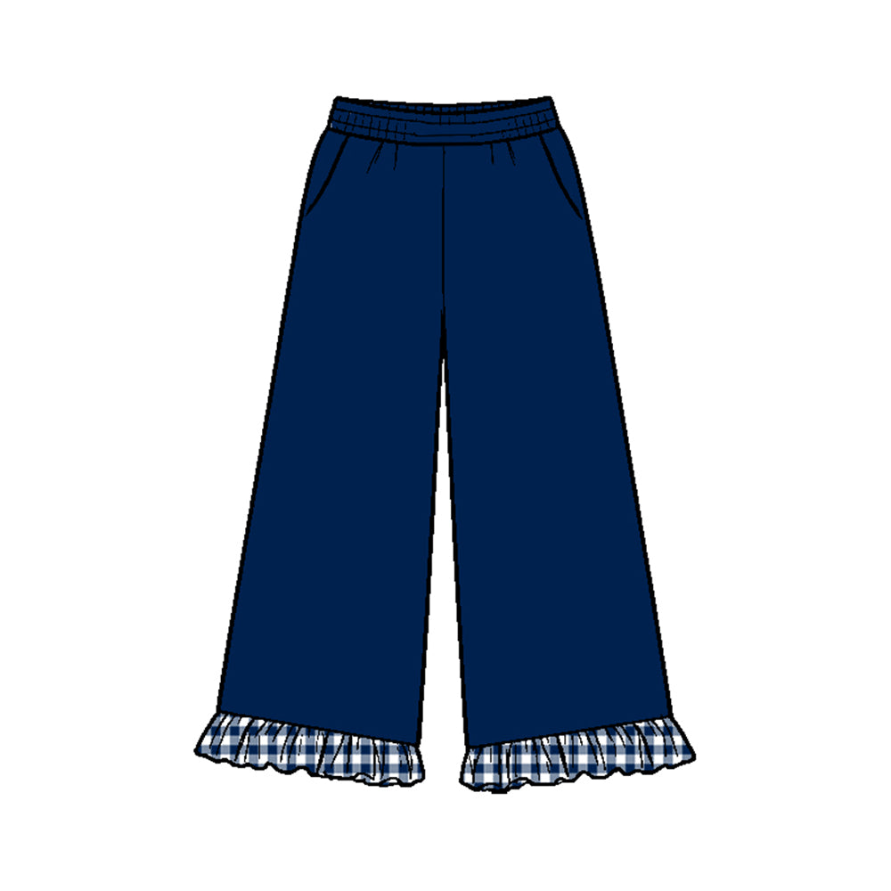 Preorder MOQ 5 pcs GSPO2409 Solid Color Plaid Ruffle Navy Girls Set