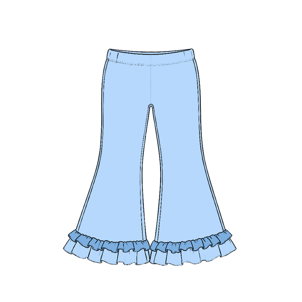 Preorder MOQ 5 pcs GLP4045 High Heel Pattern Solid Color Cotton Ruffles Blue Girls Set