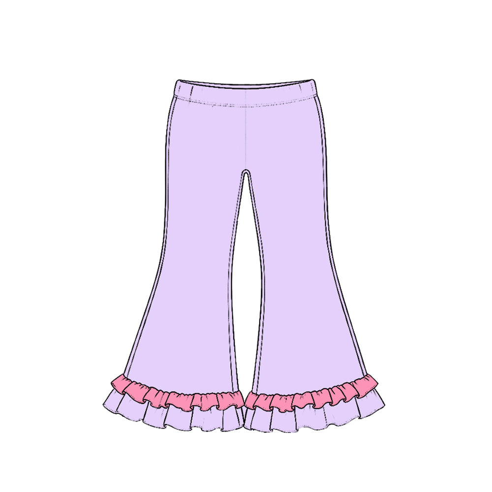 Preorder MOQ 5 pcs GLP4048 Flower Pattern Solid Color Cotton Ruffles Purple Pink Girls Set