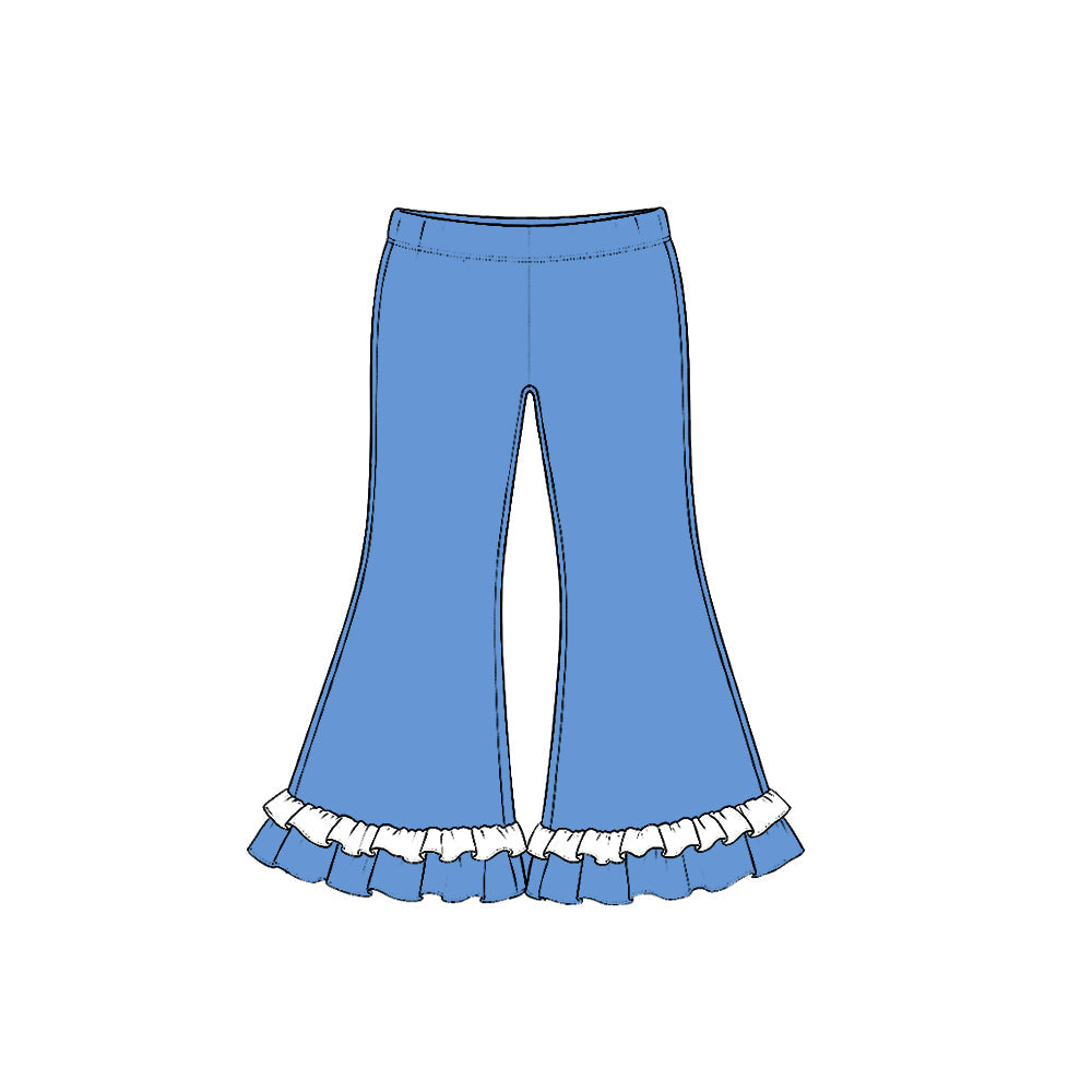 Preorder MOQ 5 pcs GLP4061 High Heel Pattern Solid Color Cotton Ruffles Blue White Girls Set