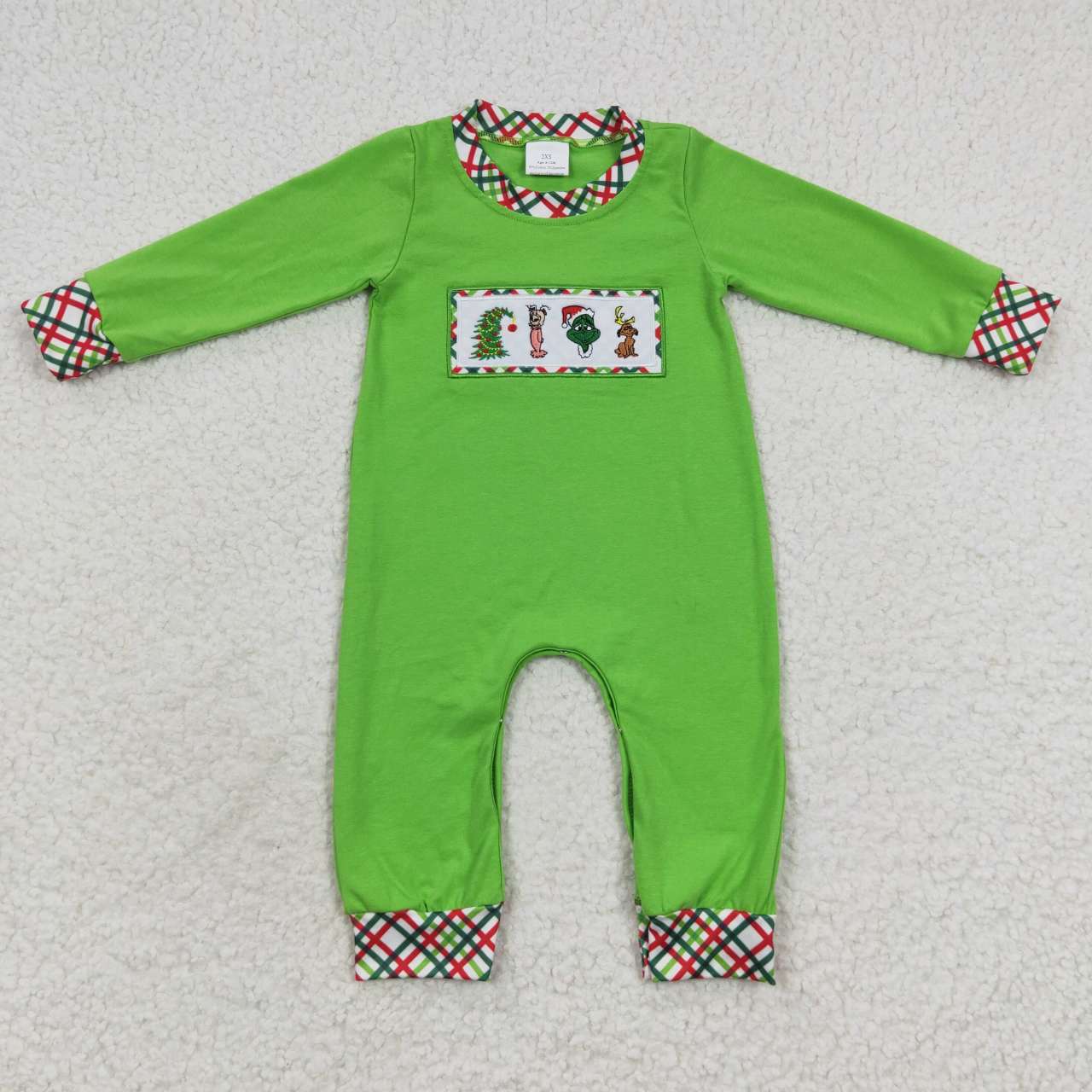 LR0325  Christmas Green Cartoon Embroidery  Boys Long Sleeve Romper