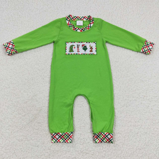 LR0325  Christmas Green Cartoon Embroidery  Boys Long Sleeve Romper