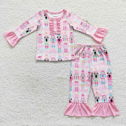 GLP0623 Christmas Pink Cartoon  Girls Long Sleeve Pants Outfits Pajamas