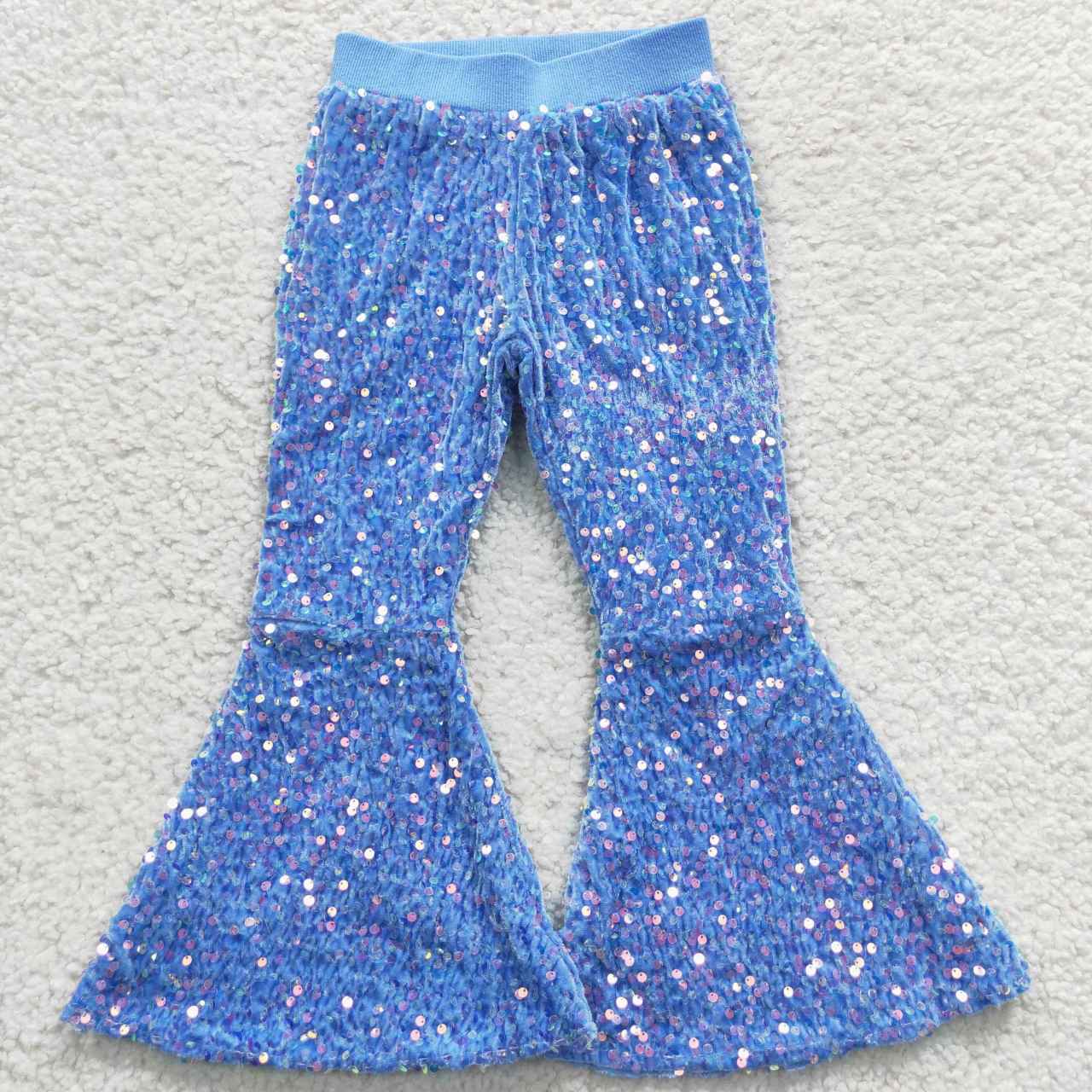 P0111  Blue Sequin Bell-bottom Kids Long Pants