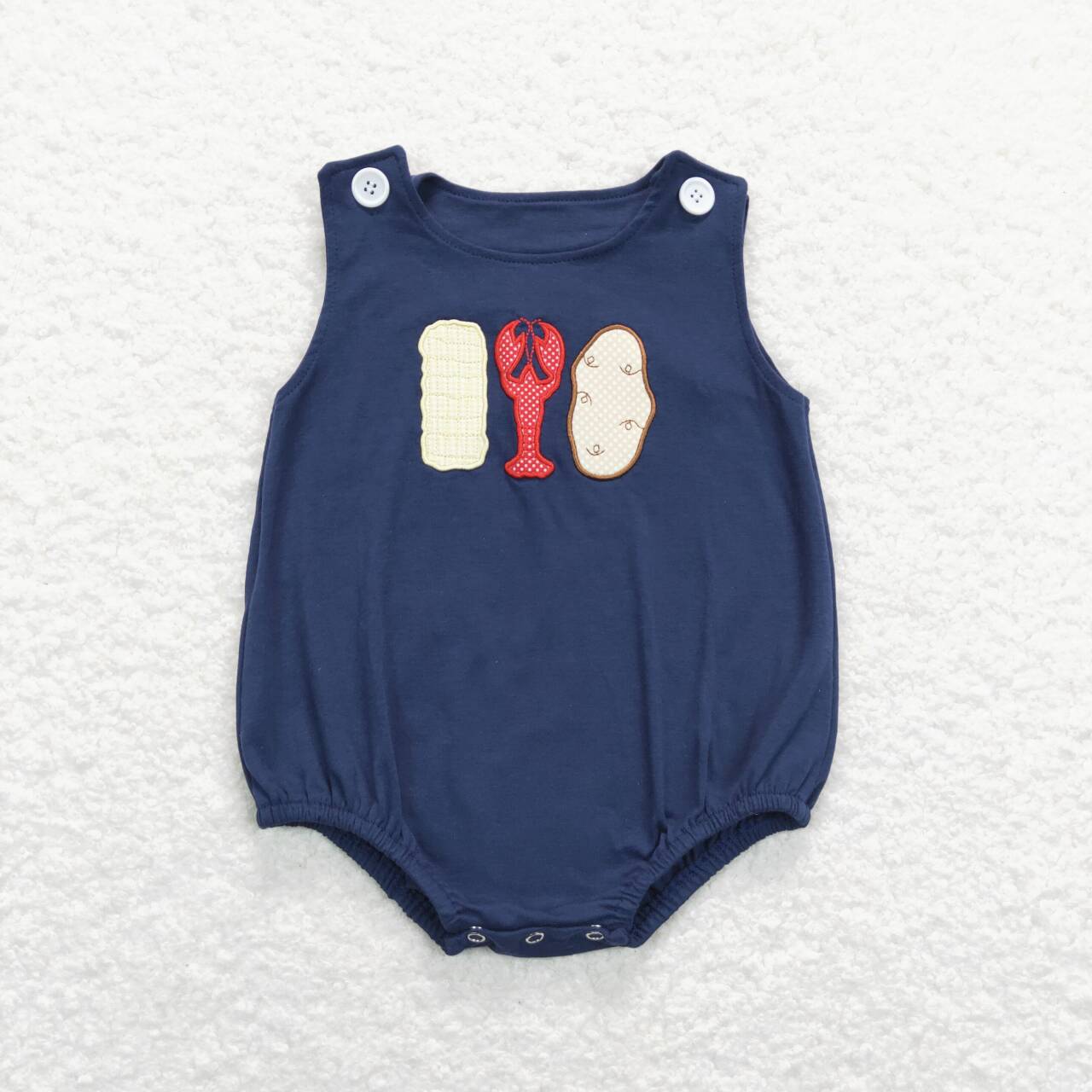 SR0740  Red Blue Crayfish  Embroidery  Girls Short Sleeve Romper