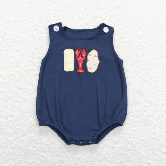 SR0740  Red Blue Crayfish  Embroidery  Girls Short Sleeve Romper