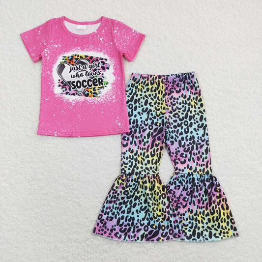 GSPO1273 Valentine Love Pink Leopard Soccer Girls Short Sleeve Bell Bottom Pants Outfits