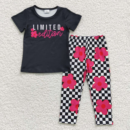 GSPO0619 Pink Limited Edition Floral Girls Short Sleeve Bell Bottom Pants Outfits