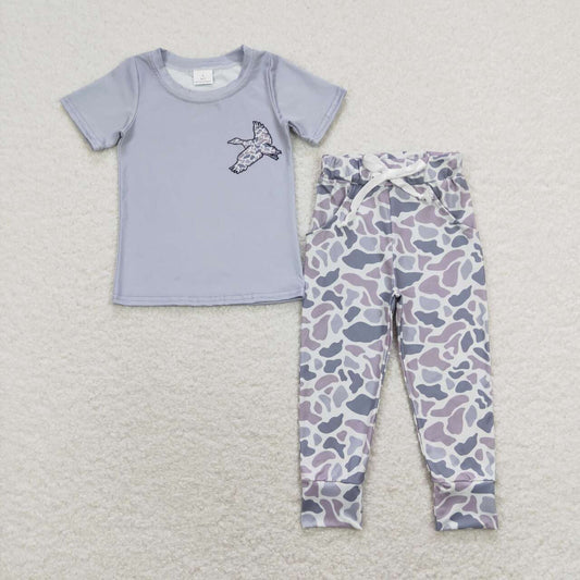 Bird Blue leopard Grey P0420 Top 2Pcs  Girls Short Sleeve Pants Outfits